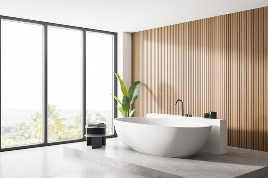 Panoramic wooden bathroom corner with tub