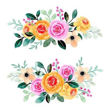 Pink yellow floral bouquet collection with watercolor