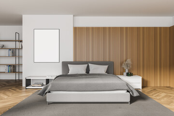White and wooden master bedroom interior with poster