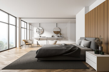 White and wooden bedroom and bathroom interior