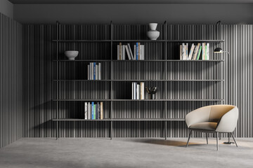 Gray and wooden living room with armchair and bookcase