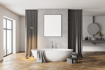 White bathroom with tub, poster and sink