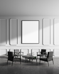 White and gray living room interior with armchairs and poster