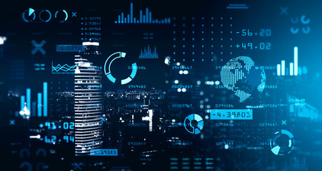 Financial graph interface and planet over dark cityscape background
