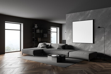 Grey and marble living room corner with sofa, window and poster
