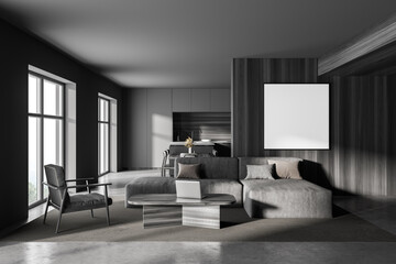 Gray and wooden living room with sofa and poster
