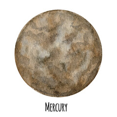 Mercury Planet of the Solar System watercolor isolated illustration on white background. Outer Space planet hand drawn. Our galaxy astronomy education material.
