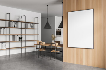 White and wooden dining room corner with poster