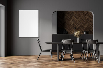 Modern gray kitchen with table and poster