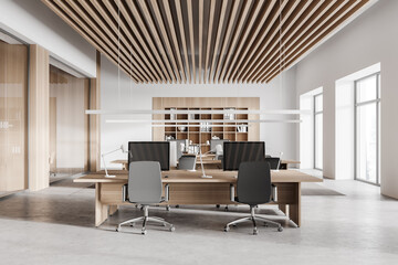White and wooden open space office interior
