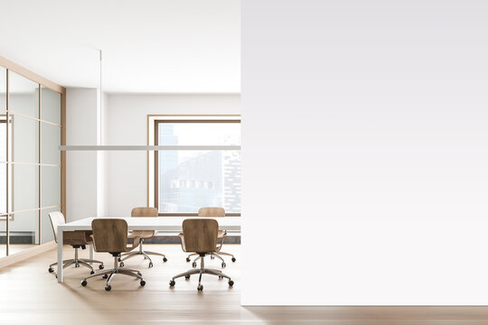 White office meeting room interior with mock up wall