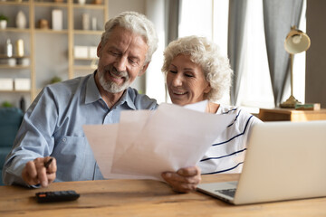 Happy older mature family couple enjoying calculating domestic expenses or planning monthly budget...