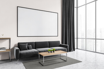 Mockup canvas in black and white living room with sofa on marble floor