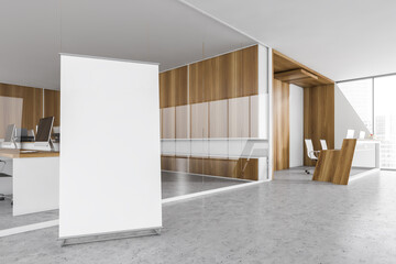 Mockup canvas in white and wooden reception room with furniture