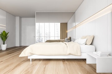 Fototapeta na wymiar Beige wooden bedroom with bed and linens, wardrobe and parquet floor