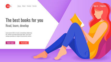 Website design for online learning, library, book store. Woman seating on the floor and reading a book. Vector illustration for poster, banner, website development.