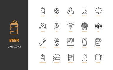 set of beer thin line icons, brewery, drinks, alcohol
