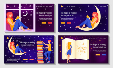 Set of website design for online learning, library, book store. Man on the ladder, woman is reading. Night sky with stars background. Vector illustration for poster, banner, website development.