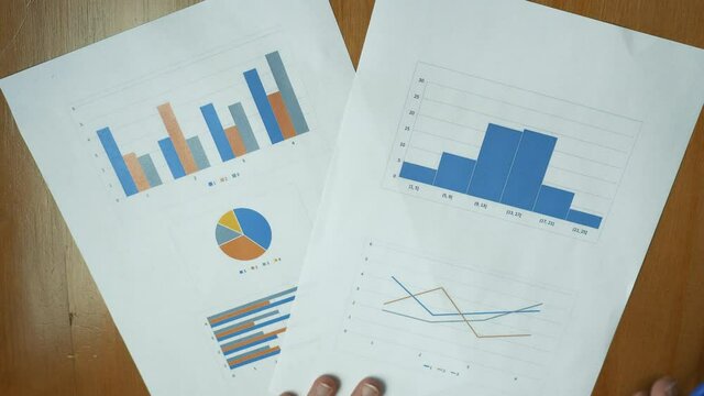 Top down view of papers with different colorful line graphs, bar graphs and pie charts being explained and shown by hands with ball pen.