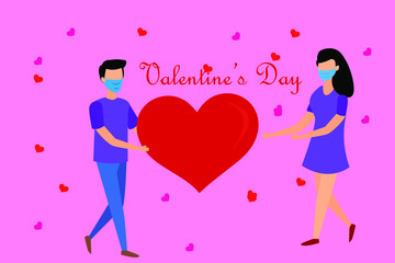 Vector illustration of valentine's day in covid with couple wearing masks and maintaining social distance