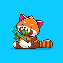 Cute Red Panda Eating Bamboo Cartoon Vector Icon Illustration. Animal Nature Icon Concept Isolated Premium Vector. Flat Cartoon Style © catalyststuff