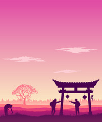 Tourists travel to the Chinese area. Tourist route. Vector illustration.