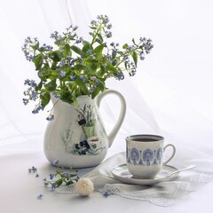 Spring still life with flowers on the white background