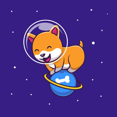 Cute Dog Playing On Planet Cartoon Vector Icon Illustration. Animal Science Icon Concept Isolated Premium Vector. Flat Cartoon Style