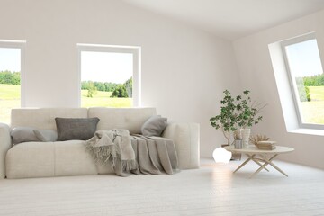White living room with sofa and summer landscape in window. Scandinavian interior design. 3D illustration