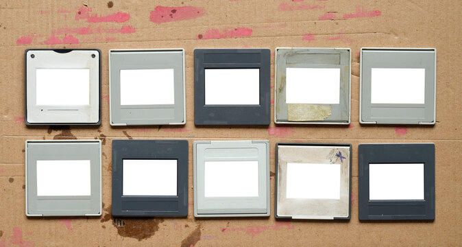 set of vintage grungy photographic slides, empty frames, free space for pics