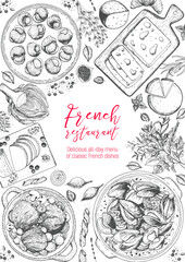 French cuisine top view frame. A set of classic French dishes with beef bourguignon, mussels, escargot, foie gras, cheese, artichoke . Food menu design template. Hand drawn sketch vector illustration.
