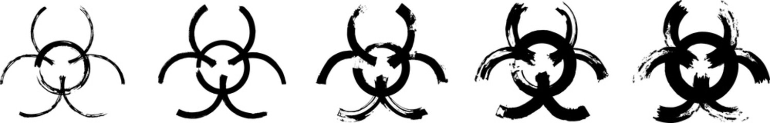 Biological hazard, or biohazard symbols. Set of the chemical signs. Black ink handwriting. Vector.