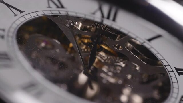 Mechanical Pocket Watch With Visible Gears And Hand Ticking, macro, focus pull