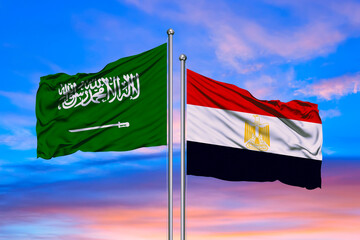 3D Rendering of Saudi Arabia & Egypt Flags are Waving in the Sky - 3d illustration