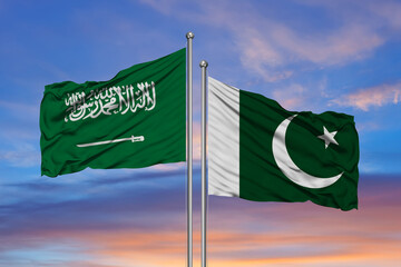Saudi Arabia and Pakistan, two flags waving against blue sky. 3d image