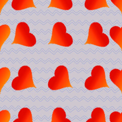 Plush red hearts on a purple zigzag background. Festive background for Valentine's Day. Holiday elements for 14 February.