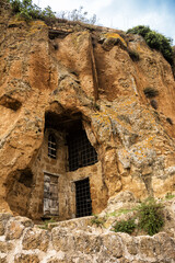 Detail of the houses carved into the tuff in Civita di Bagnoregio, Lazio, Italy