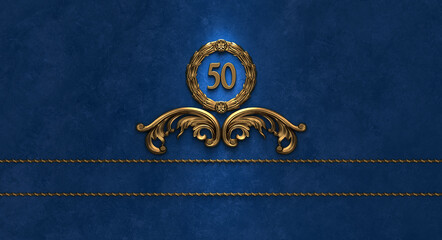 festive golden glossy vintage style 50th anniversary template on blue grungy background
