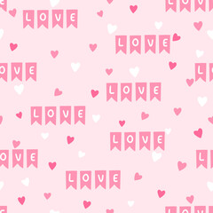 Cute pink pattern with heart and LOVE signs. Perfect for wrapping, textile, fabric. Vector