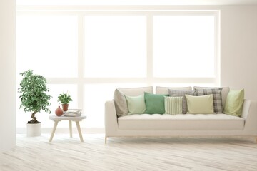 White living room with sofa. Scandinavian interior design. 3D illustration