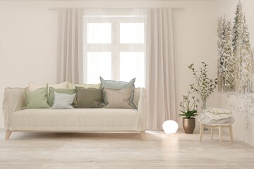 White living room with sofa. Scandinavian interior design. 3D illustration