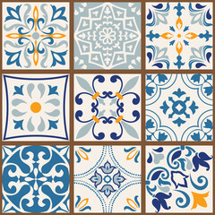 Collection of 9 colorful tiles. Seamless patchwork tile with Islam, Arabic, Indian, Ottoman motives. Majolica pottery tile, blue, yellow azulejo, original traditional Portuguese Spain decor. Vector