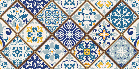 Seamless colorful patchwork tile with Islam, Arabic, Indian, ottoman motifs. Majolica pottery tile. Portuguese and Spain decor. Ceramic tile in talavera style. Vector illustration.