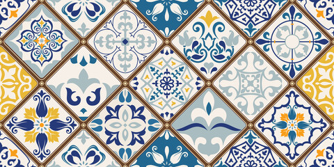 Seamless colorful patchwork tile with Islam, Arabic, Indian, ottoman motifs. Majolica pottery tile. Portuguese and Spain decor. Ceramic tile in talavera style. Vector illustration.