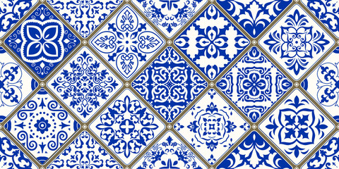 Seamless patchwork tile with Victorian motives. Majolica pottery tile, blue and white azulejo, original traditional Portuguese and Spain decor. Vector illustration.