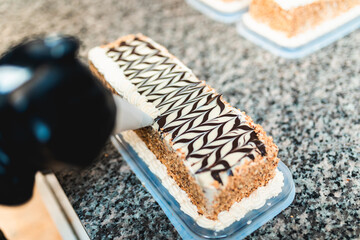 Professional confectioner decorating delicious cake in pastry shop. Sweets production and industry concept.