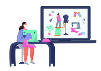 Dressmaker or Seamstress Work with Sewing Machine and Mannequin in Atelier or Home.Online Courses Sewing.Dressmaker Sewing to Order at Home during Coronavirus in Medical Mask.Flat Vector Illustration