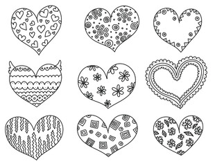 Trendy doodle poster with doodle hearts. Holiday banner, poster. Vector sketch illustration. Cute illustration. Vector celebration set. Black background. Cartoon vector illustration.
