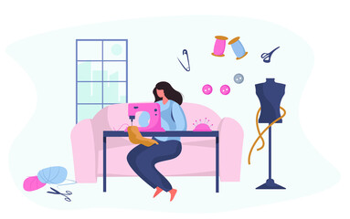Dressmaker or Seamstress Work with Sewing Machine and Mannequin in Atelier or Home.Professional Tailor or Fashion Designer.Ironing Cloth.Sewing to Order at Home during Coronavirus.Vector Illustration