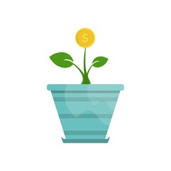Growing funds in pot. Growth, finance and investment concept. Dollar coin plant icon. Money tree sign.